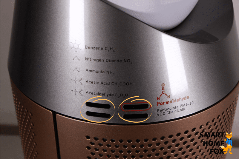 Die drei Luftschlitze im Sockel des Dyson Purifier Cool Luftreinigers sind eingekreist, dahinter befinden sich die Luftqualitätssensoren